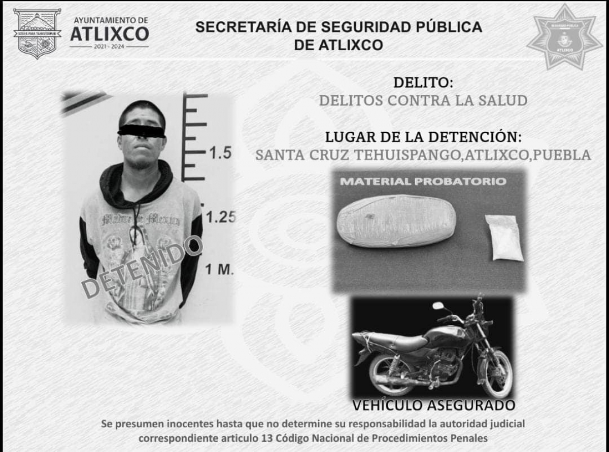 Detienen en Atlixco a masculino con anfetaminas 