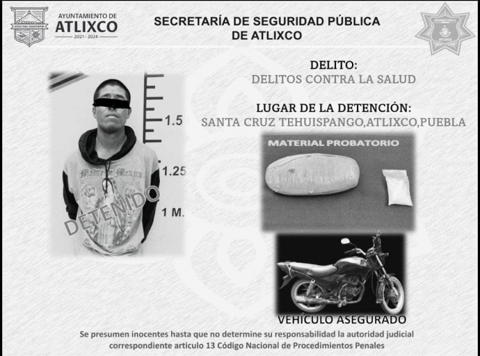 Detienen en Atlixco a masculino con anfetaminas 