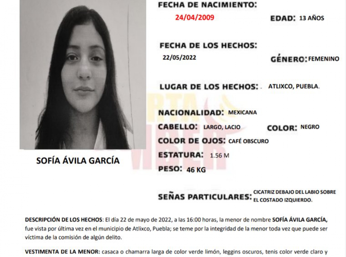 Se activa alerta ámbar por niña desaparecida vista en Atlixco.