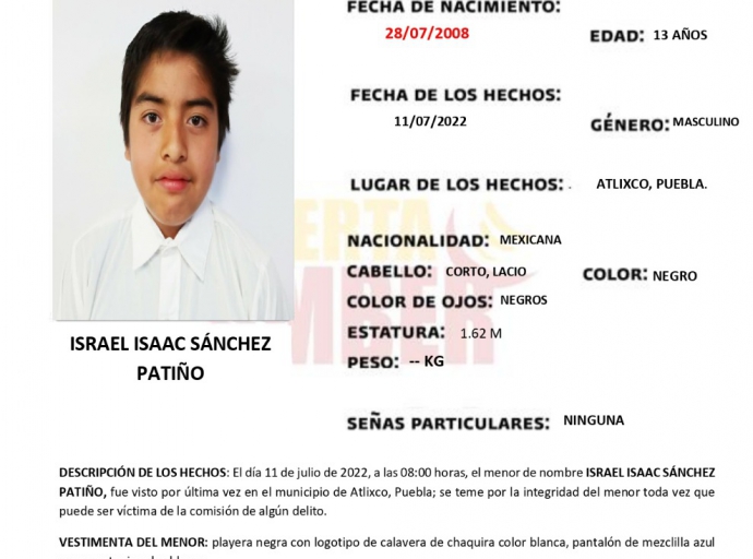 Generan alerta Amber por Israel menor de 13 años