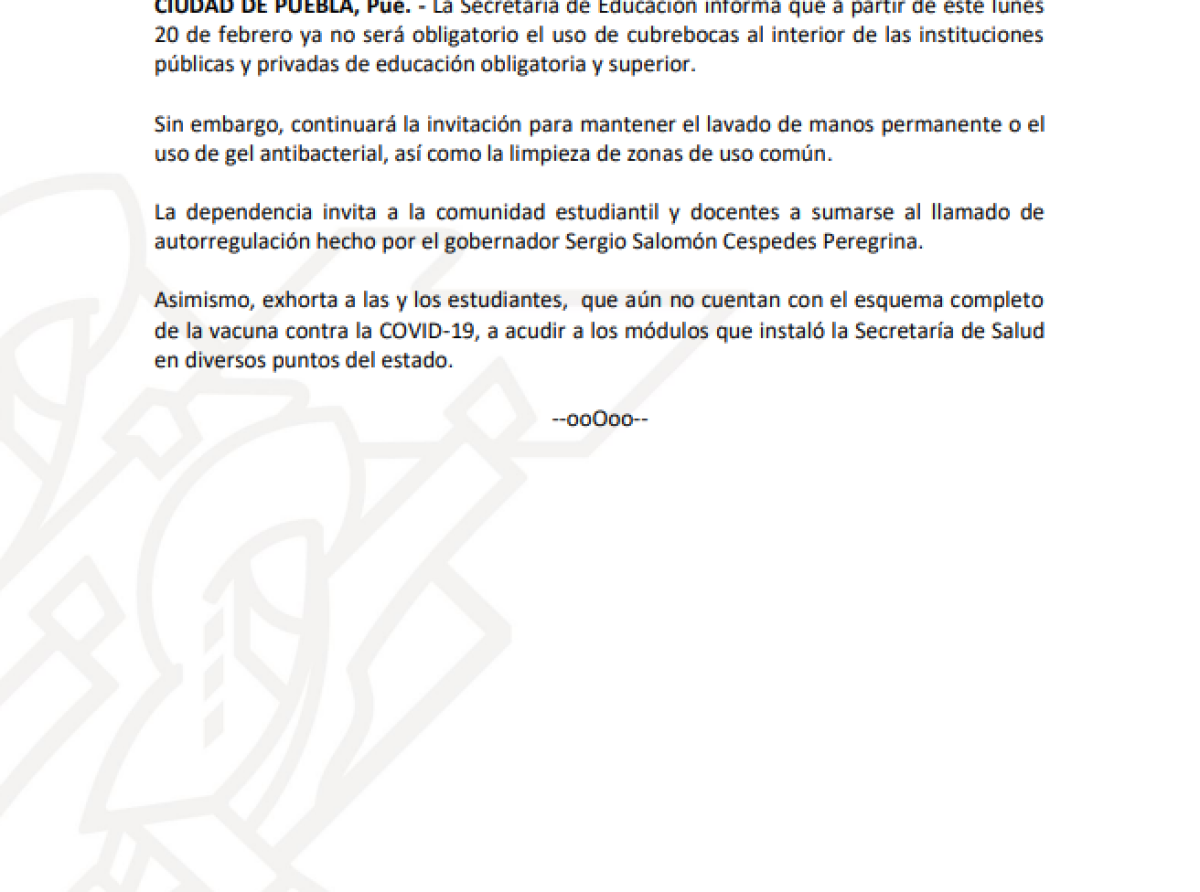 Suspende SEP Puebla uso obligatorio de cubrebocas al interior de escuelas