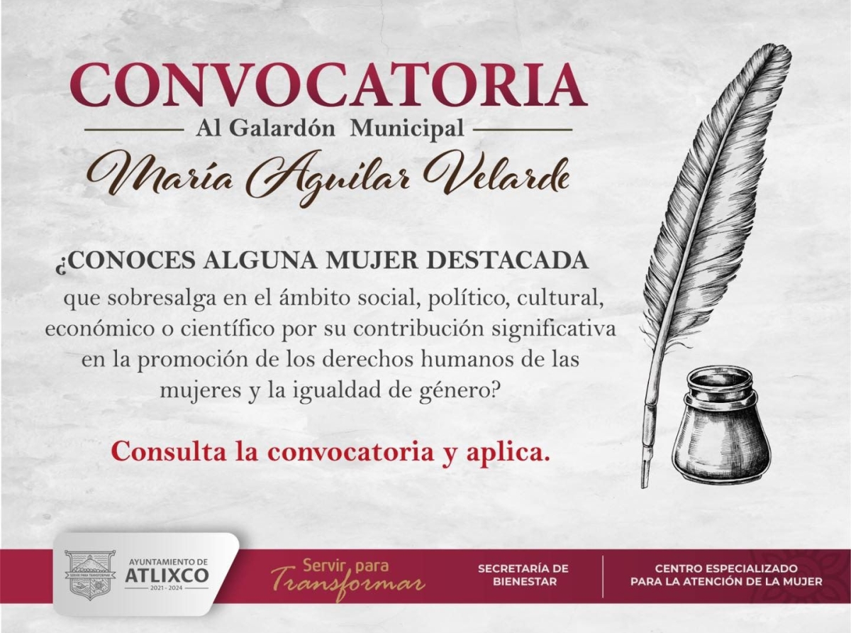 Atlixco reconocerá a una mujer con la presea “María Aguilar Velarde” por su contribución a la igualdad de género