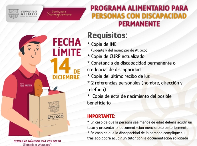 Si conoces a alguien o lo requieres, inscríbete en el programa alimentario para personas con discapacidad o cáncer en Atlixco