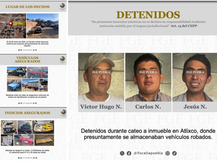 Fiscalía de Puebla desmantela banda dedicada al robo de vehículos en Atlixco