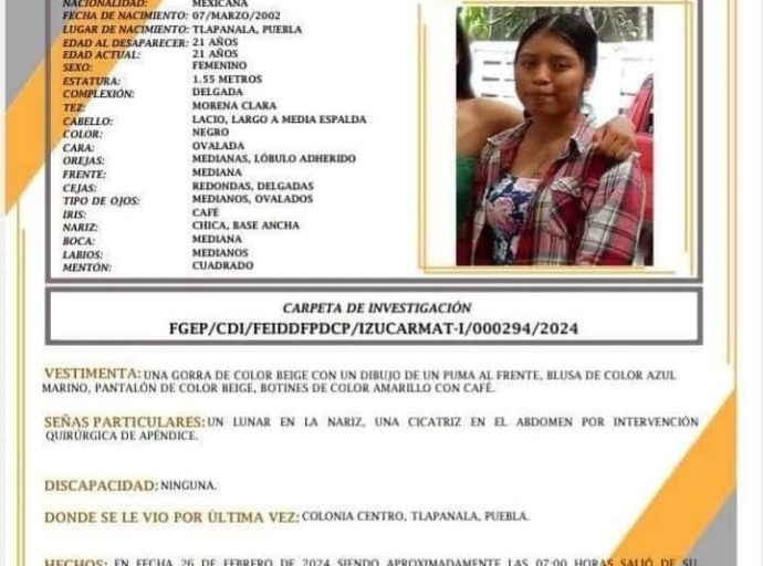 Desaparece Mariana Lozada Palma, de 21 años en Tlapanala          