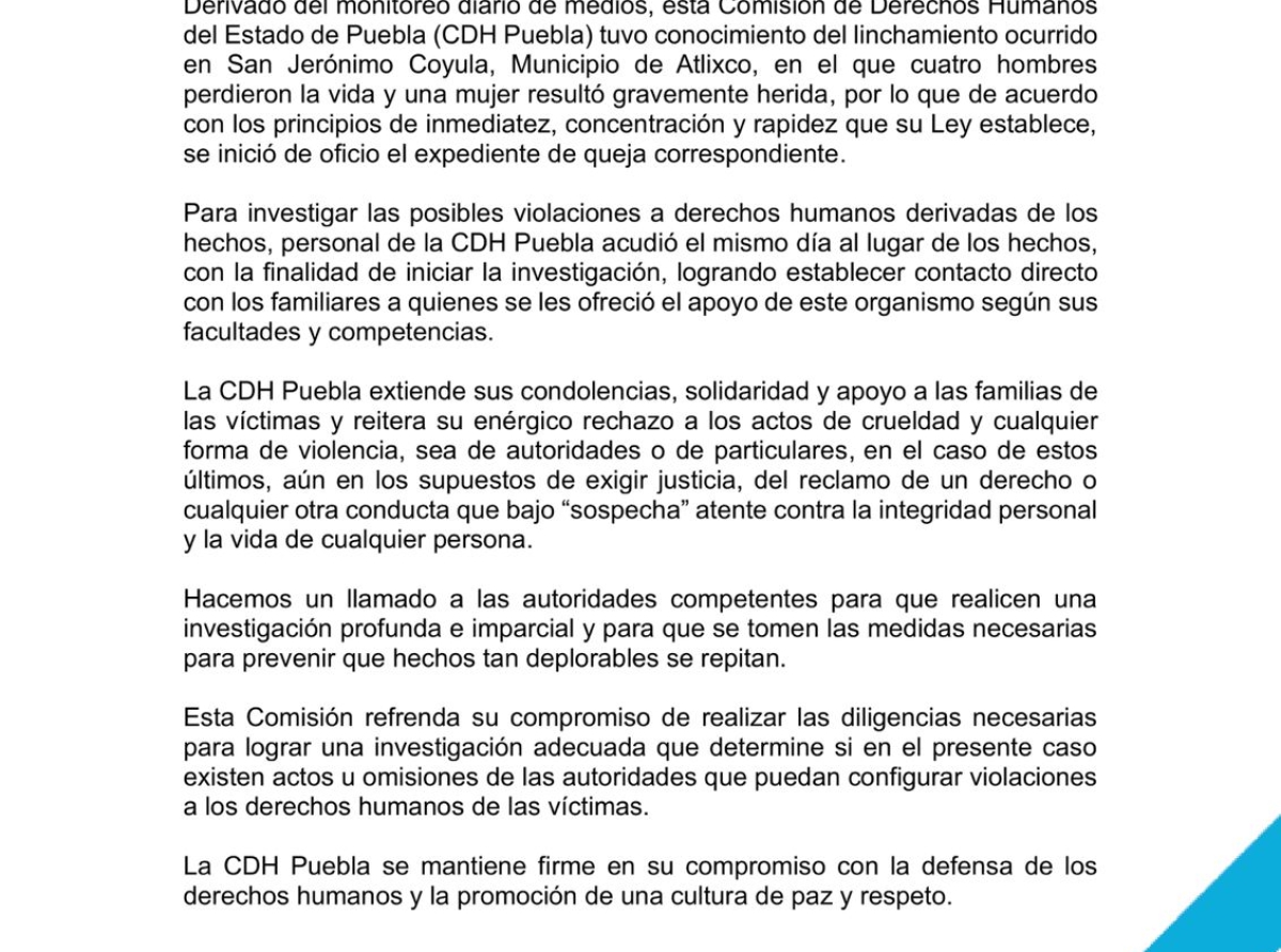 CDH de Puebla Inicia Investigación por Linchamiento en San Jerónimo Coyula