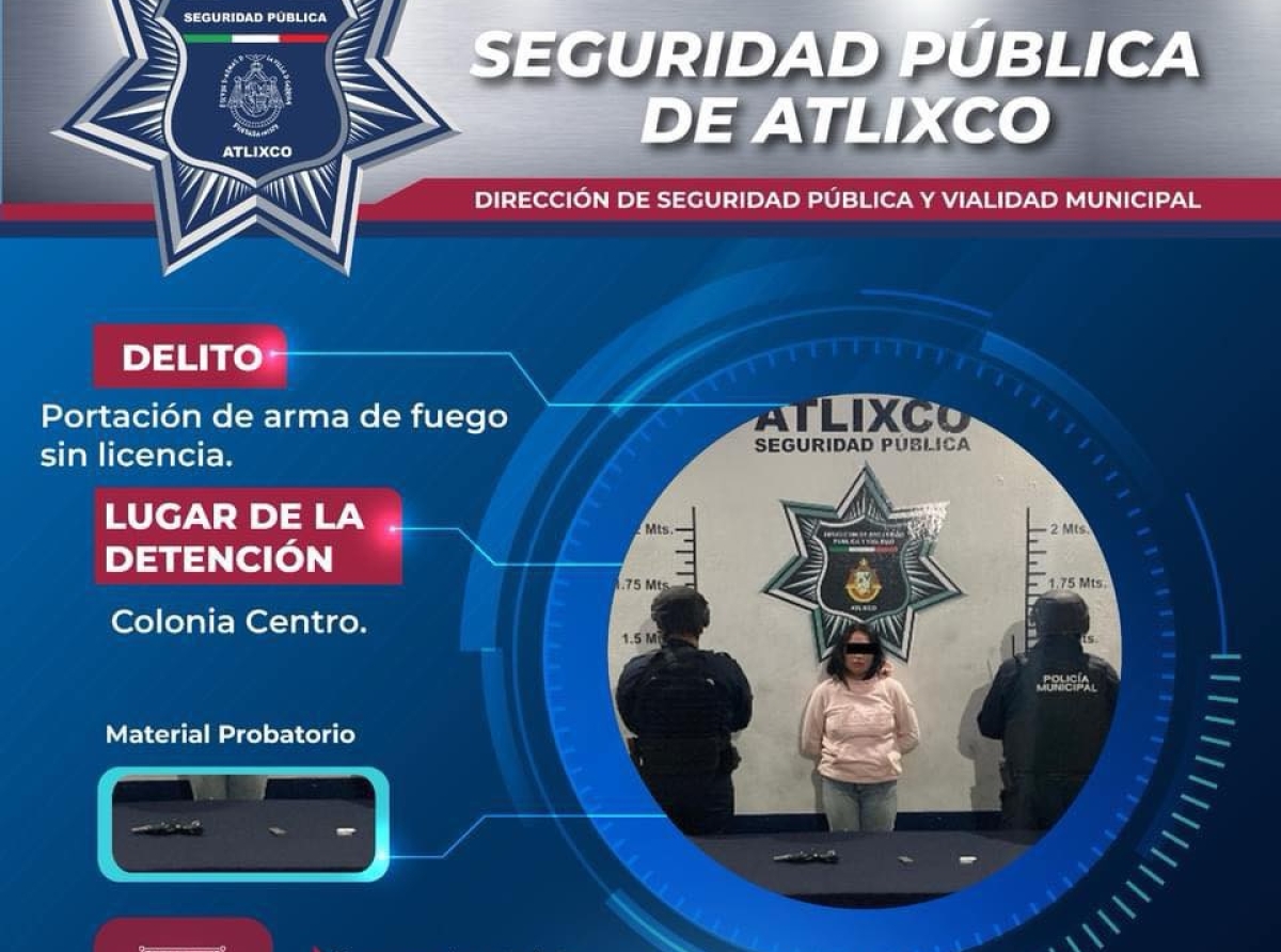 Detienen a mujer por portación de arma de fuego sin licencia en Atlixco