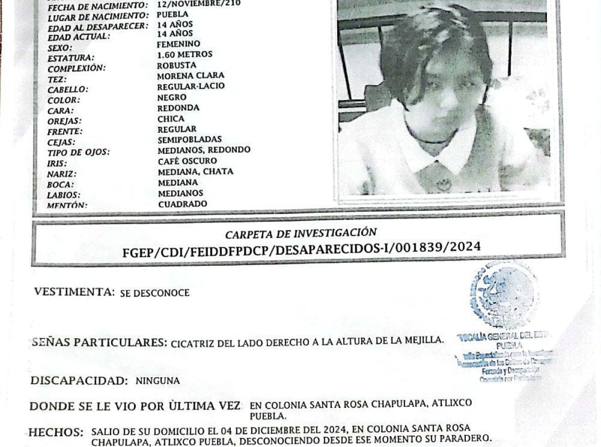 Buscan a Jovana Flores Ramírez, desaparecida en Atlixco, Puebla