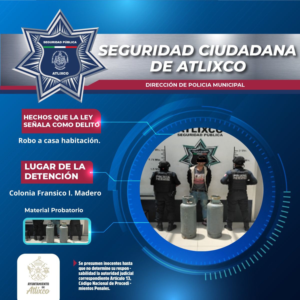 Secretaría de seguridad ciudadana de Atlixco detienen a sujeto por robo a casa habitación